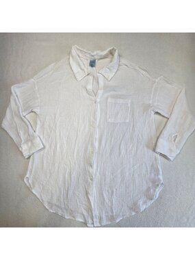 Shade & Shore Button Down Shirt White Textured Gauze 100% Cotton Swim Cover